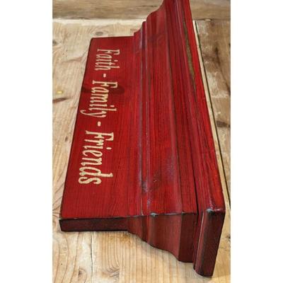 Vintage Faith - Family - Friends Red w/ White Lettering Wood Shelf Ready To Hang