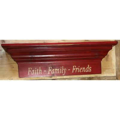Vintage Faith - Family - Friends Red w/ White Lettering Wood Shelf Ready To Hang