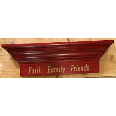 Vintage Faith - Family - Friends Red w/ White Lettering Wood Shelf Ready To Hang