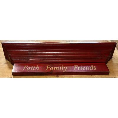 Vintage Faith - Family - Friends Red w/ White Lettering Wood Shelf Ready To Hang