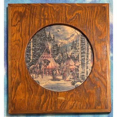 Vintage Native American Village Print Wood & Glass Frame Horses Teepee Tipi