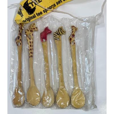 5 African Game Wood Tee Spoons Giraffe Zebra Wooden Teaspoon Safari Souvenir