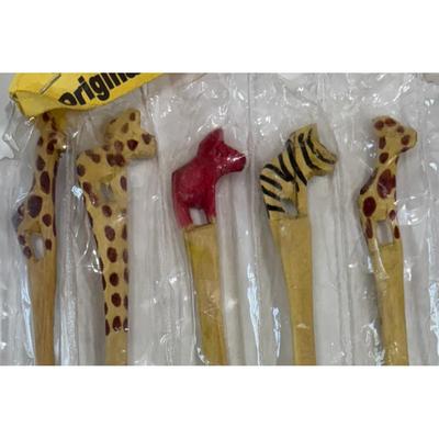5 African Game Wood Tee Spoons Giraffe Zebra Wooden Teaspoon Safari Souvenir