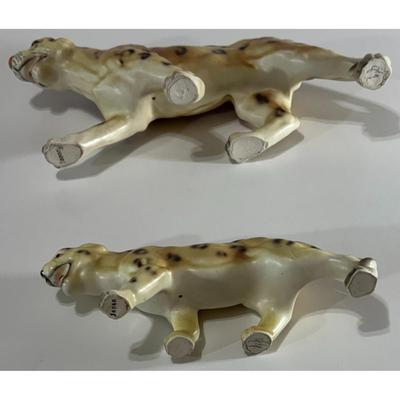 Vintage Pair of Ceramic Leopards 8.75" & 6" Long Japan Hunting Brown Tan Black