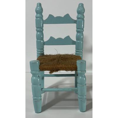 Vintage Blue Wood & Yarn / Twine Doll House Chair Made In Taiwan
