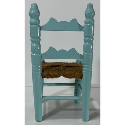 Vintage Blue Wood & Yarn / Twine Doll House Chair Made In Taiwan