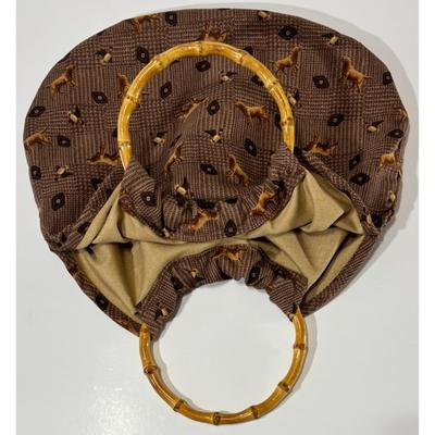 Vintage Brown Cloth Satchel Pocketbook Purse Handbag Dogs Birds Bamboo Handles