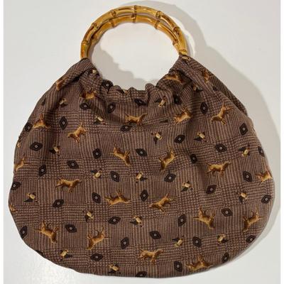 Vintage Brown Cloth Satchel Pocketbook Purse Handbag Dogs Birds Bamboo Handles