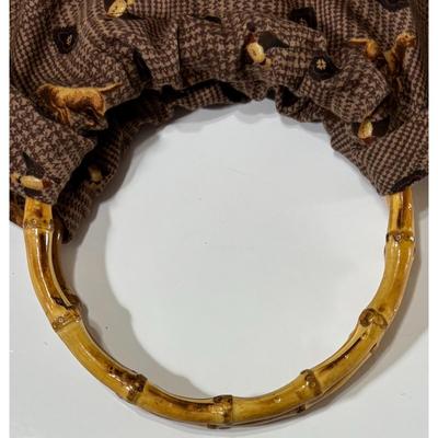 Vintage Brown Cloth Satchel Pocketbook Purse Handbag Dogs Birds Bamboo Handles