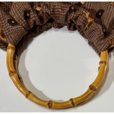 Vintage Brown Cloth Satchel Pocketbook Purse Handbag Dogs Birds Bamboo Handles