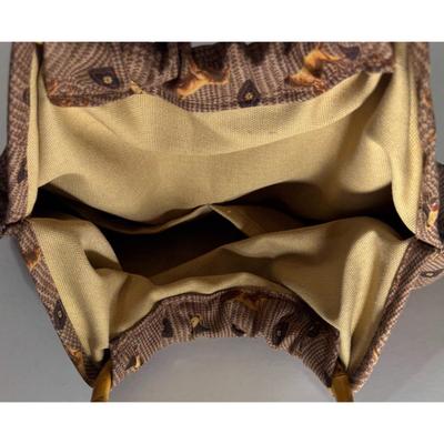 Vintage Brown Cloth Satchel Pocketbook Purse Handbag Dogs Birds Bamboo Handles