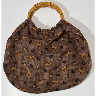 Vintage Brown Cloth Satchel Pocketbook Purse Handbag Dogs Birds Bamboo Handles
