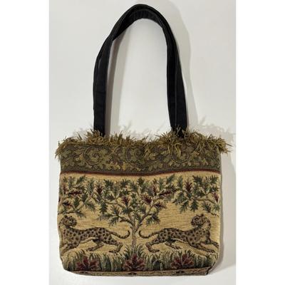Vintage Tapestry Embroidered Leopard Shoulder Bag Tote Safari Jungle Fringe