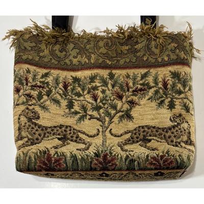 Vintage Tapestry Embroidered Leopard Shoulder Bag Tote Safari Jungle Fringe