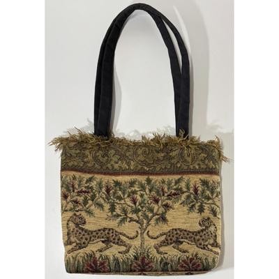 Vintage Tapestry Embroidered Leopard Shoulder Bag Tote Safari Jungle Fringe