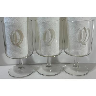 3 Vintage Olde English Monogram Letter 'Q' Etched Pedestal Wine Glasses