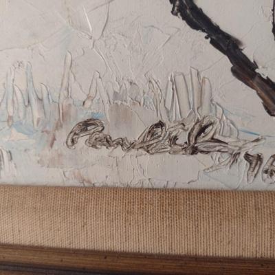 Original Acrylic on Canvas Framed Artwork Barn in a Snowy Landscape