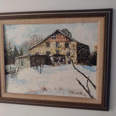 Original Acrylic on Canvas Framed Artwork Barn in a Snowy Landscape