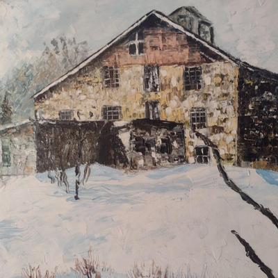 Original Acrylic on Canvas Framed Artwork Barn in a Snowy Landscape