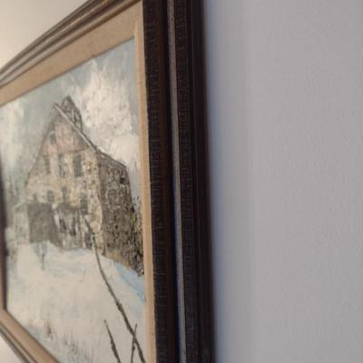Original Acrylic on Canvas Framed Artwork Barn in a Snowy Landscape