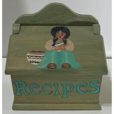 Vintage Wooden Recipe Box Native American Woman Pottery Turquoise Green Wood