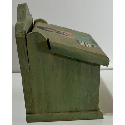 Vintage Wooden Recipe Box Native American Woman Pottery Turquoise Green Wood
