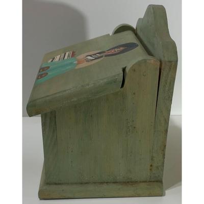 Vintage Wooden Recipe Box Native American Woman Pottery Turquoise Green Wood