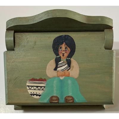 Vintage Wooden Recipe Box Native American Woman Pottery Turquoise Green Wood