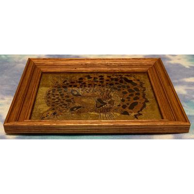 Vintage Leopard Wood Framed Painted Glass Art Jungle Safari Cat Black Gold