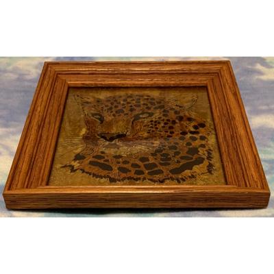 Vintage Leopard Wood Framed Painted Glass Art Jungle Safari Cat Black Gold