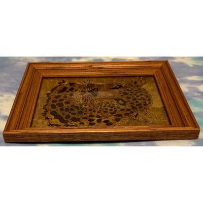 Vintage Leopard Wood Framed Painted Glass Art Jungle Safari Cat Black Gold