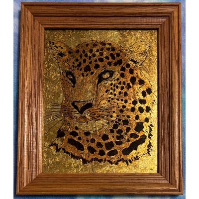Vintage Leopard Wood Framed Painted Glass Art Jungle Safari Cat Black Gold