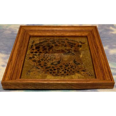 Vintage Leopard Wood Framed Painted Glass Art Jungle Safari Cat Black Gold