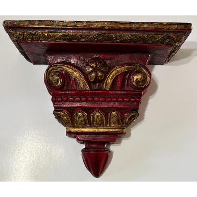 Vintage Red & Gold Wood Shelf Made In Thailand Jeweled Wooden Beaded Asian