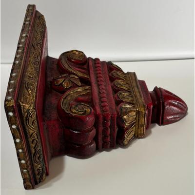 Vintage Red & Gold Wood Shelf Made In Thailand Jeweled Wooden Beaded Asian