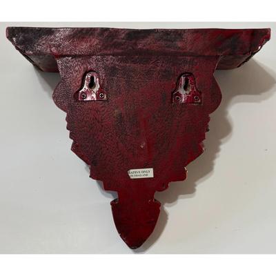Vintage Red & Gold Wood Shelf Made In Thailand Jeweled Wooden Beaded Asian