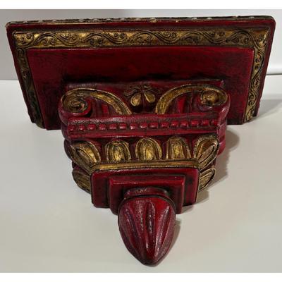 Vintage Red & Gold Wood Shelf Made In Thailand Jeweled Wooden Beaded Asian