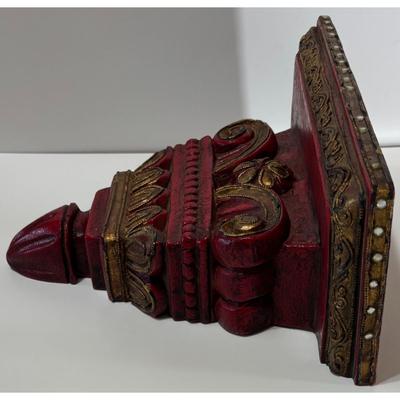 Vintage Red & Gold Wood Shelf Made In Thailand Jeweled Wooden Beaded Asian