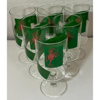 6 Vintage Clef House Music Green & Red Stemmed Glasses