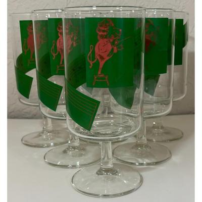 6 Vintage Clef House Music Green & Red Stemmed Glasses