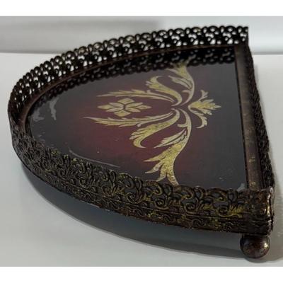 Vintage Regal Footed Dresser Tray Gilded Glass Brass Ruby Metallic Red