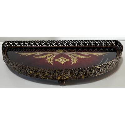 Vintage Regal Footed Dresser Tray Gilded Glass Brass Ruby Metallic Red