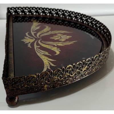 Vintage Regal Footed Dresser Tray Gilded Glass Brass Ruby Metallic Red