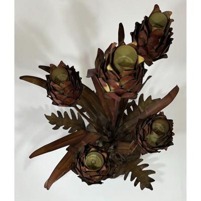 Vintage Metal Floral Candelabra Burnt Sienna Brown Flowers