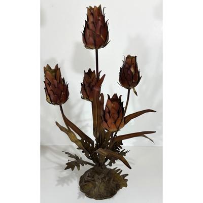 Vintage Metal Floral Candelabra Burnt Sienna Brown Flowers