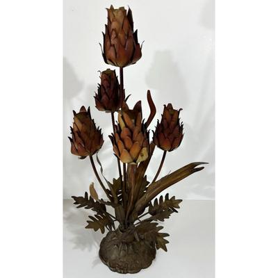 Vintage Metal Floral Candelabra Burnt Sienna Brown Flowers
