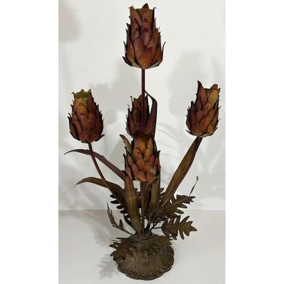 Vintage Metal Floral Candelabra Burnt Sienna Brown Flowers