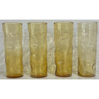 4 Vintage Empoli 7" Amber Tumblers Thumbprint Textured MCM Glass Tuscany, Italy