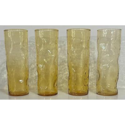 4 Vintage Empoli 7" Amber Tumblers Thumbprint Textured MCM Glass Tuscany, Italy