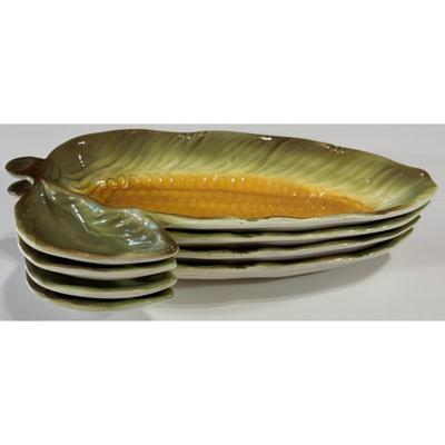 4 Vintage Corn On Cob Ceramic Serving Dishes Set Made In Italy Tusk yellow Green